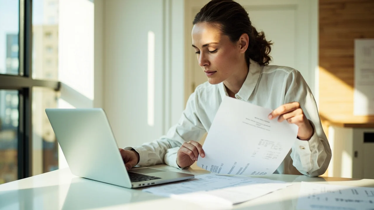 Femme comparant des documents mutuelle santé sur ordinateur