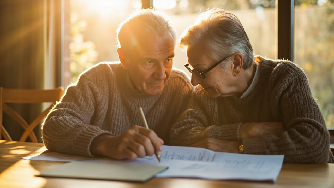 Couple senior consulte des papiers mutuelle santé