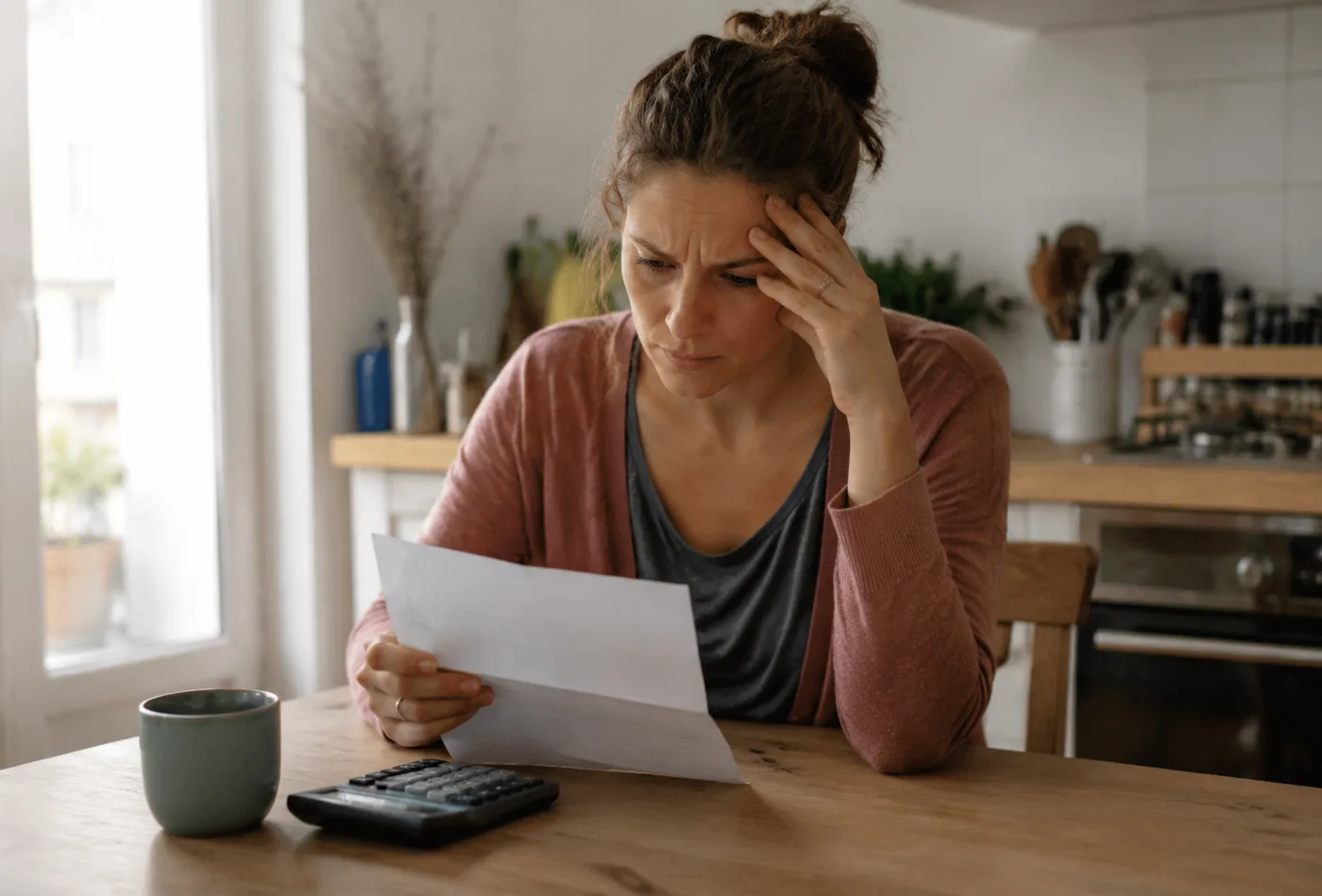 Femme examinant sa facture de mutuelle avec une calculatrice