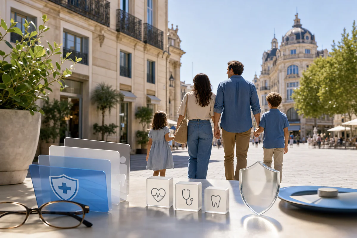Famille à Montpellier évoquant le choix d'une mutuelle familiale avec des symboles discrets de protection santé.