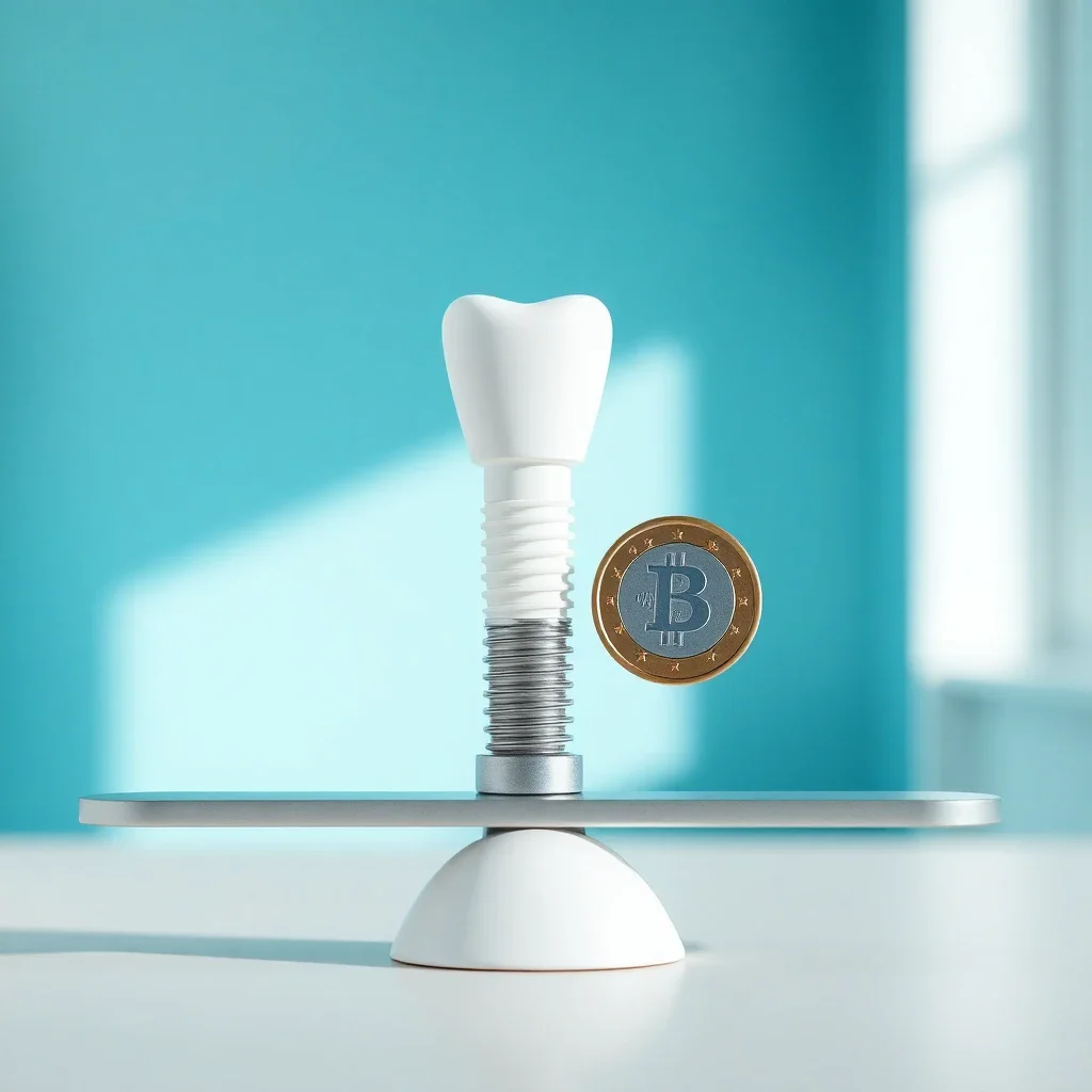 A balanced scale holding a dental implant model and a euro coin, symbolizing the balance between dental care costs and insura