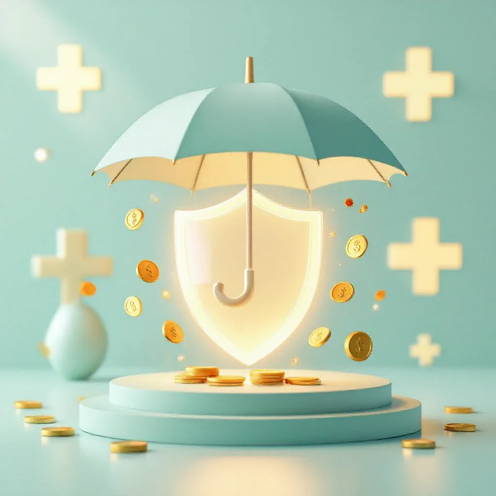 Abstract illustration of a three-tiered health coverage system with a protective umbrella and a glowing shield catching falli