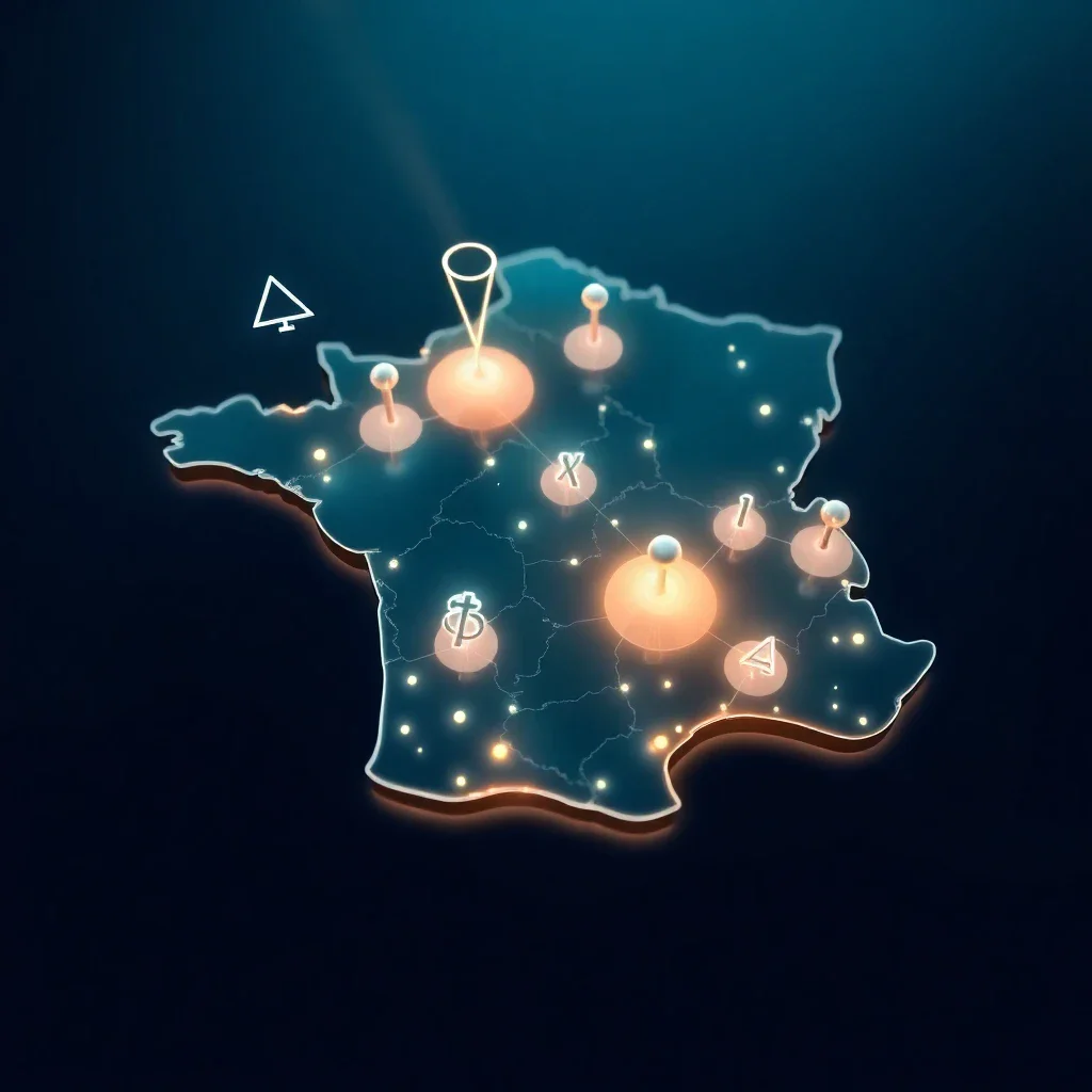 Abstract 3D map of France with glowing geographic pins and floating mathematical weight symbols representing insurance premiu
