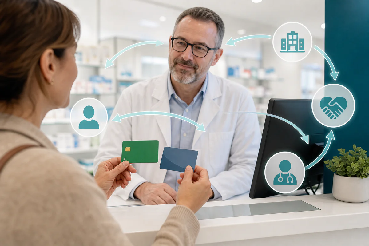 Patient presenting health insurance cards at a healthcare desk while payment is symbolically handled between insurance organi