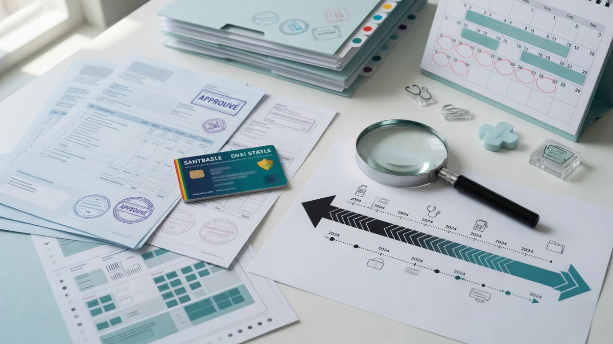 Documents de santé, calendrier et loupe symbolisant l'examen d'un remboursement de mutuelle rétroactif.