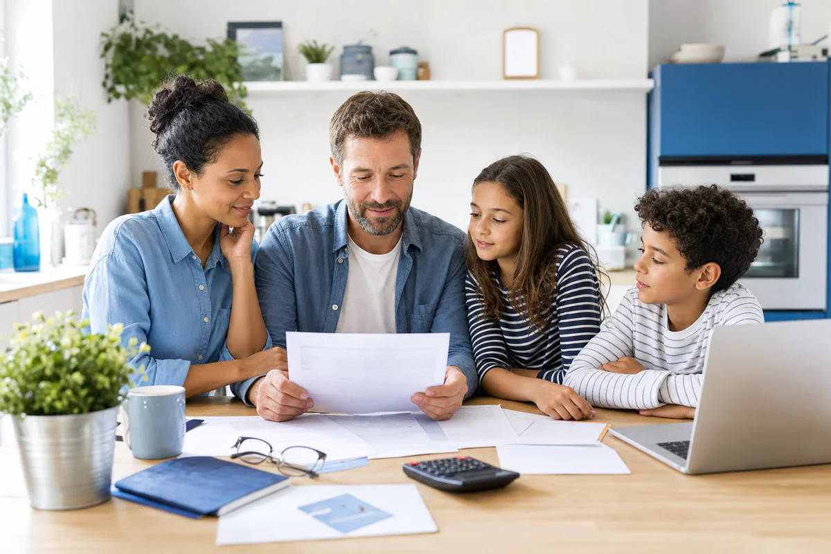 Famille comparant calmement des documents de mutuelle santé autour d'une table avec un ordinateur et une calculatrice.