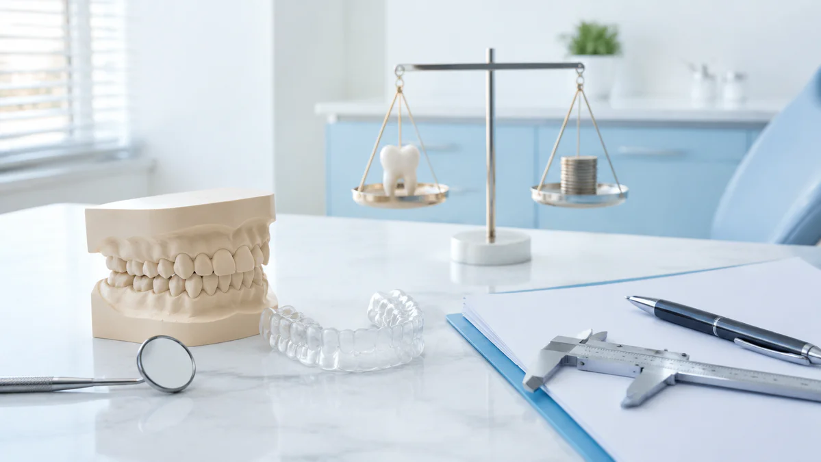 Transparent custom dental night guard and dental impression model arranged with precision instruments in a clean modern denta