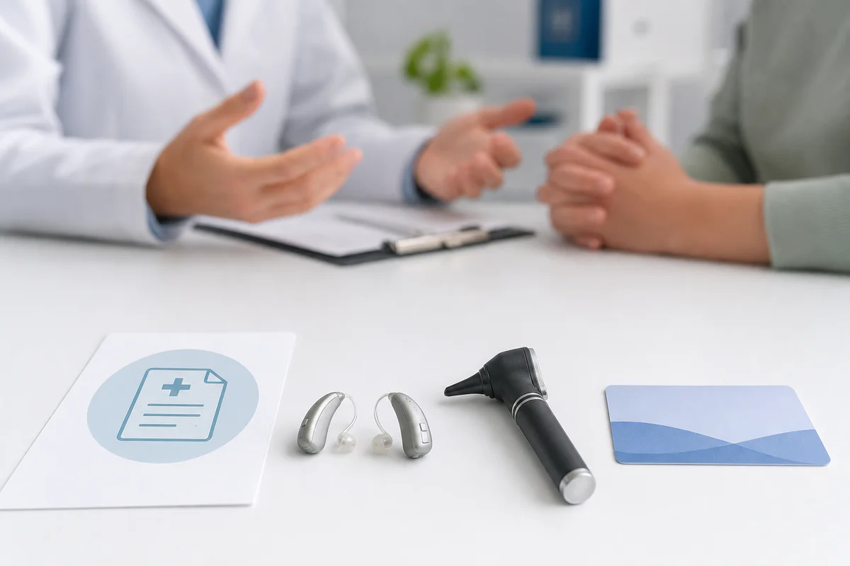 Hearing aids, a medical prescription document, and healthcare reimbursement elements arranged on a clean clinic desk.