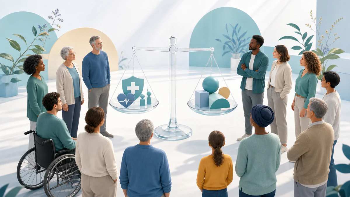 Illustration symbolique d'adhérents réunis autour d'une balance représentant la solidarité, les réserves et l'absence de but