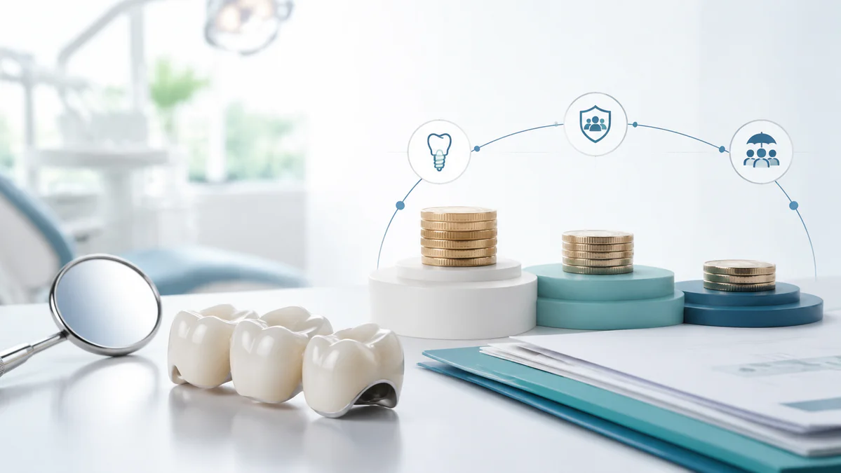 Dental bridge and financial symbols illustrating the calculation of supplementary mutual insurance reimbursement and remainin