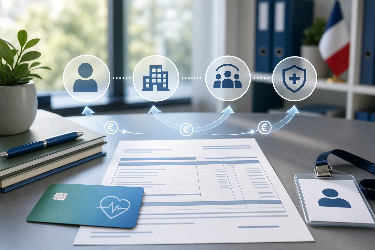 Conceptual image of payroll, employer, social security and insurance symbols connected to explain indemnity payment flows dur