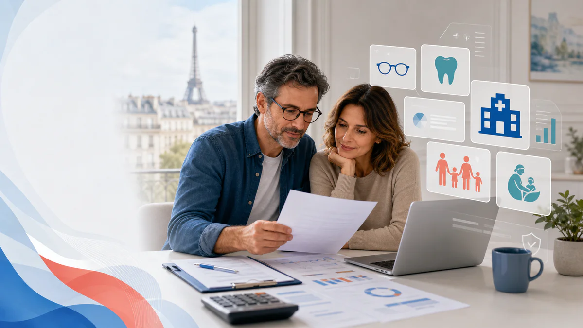 A couple reviews a personalized health insurance budget surrounded by abstract symbols for healthcare coverage and benefits.